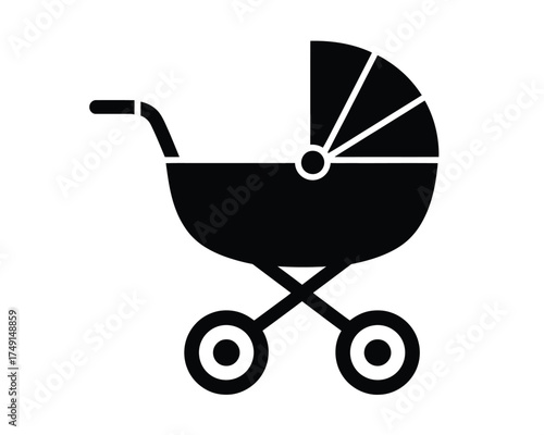 Simple black and white silhouette illustration of a baby stroller vector graphic silhouette