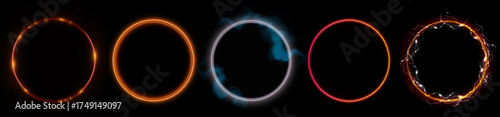 Neon halo circles with orange and red electric effects for sci fi interface or motion graphics. Luminous rings with gradient colors, smoke and lightning energy. Futuristic portal frame collection.