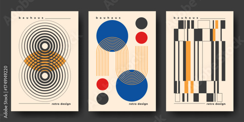 Bauhaus cover designs with black geometric shapes and color accents for retro poster or modernist exhibition. Concentric circles, rectangles with minimalist typography. Constructivist art collection.