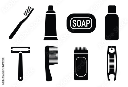 Minimalist black and white bathroom essentials vector illustration scalable eps icon set silhouette
