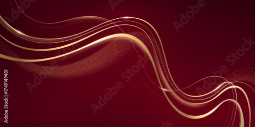 Luxury red background with golden wave ribbons and sparkle glow for premium design or festive branding. Flowing curves with shimmering particles and burgundy gradient. Elegant celebration wallpaper.