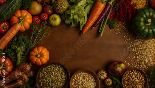 Wallpaper Mural Healthy Harvest: A vibrant arrangement of fresh vegetables and grains, artfully displayed against a rustic wooden surface, celebrating nature's bounty and culinary creativity. Torontodigital.ca