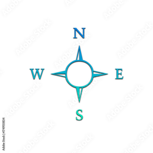 A blue and green compass rose with n, e, s, and w letters on a black background in the center on transparent background