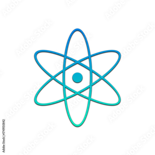 A radiant illustration showcasing a stylized atom with vibrant blue and green hues on a black backdrop on transparent background