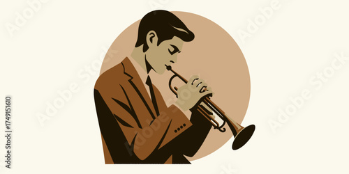Stylized retro vector illustration of a musician in a classic suit playing a soulful melody on a brass trumpet, evoking the golden age of jazz music