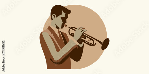 Timeless emblem of a jazz musician playing a soulful melody on the trumpet, captured in a minimalist retro illustration