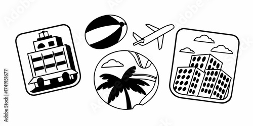 Black and white travel icons featuring a hotel, beach ball, plane, and tropical island scene design