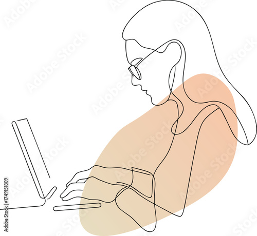 Woman typing on laptop with abstract shapes computer