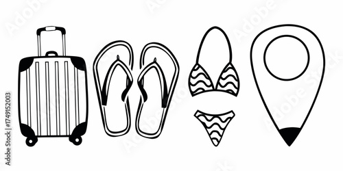 Illustration of a suitcase, flip flops, bikini, and location pin in a black and white drawing