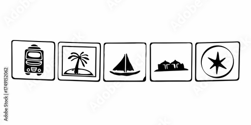 Icons representing travel destinations including a bus, beach, sailboat, tents and a star symbol
