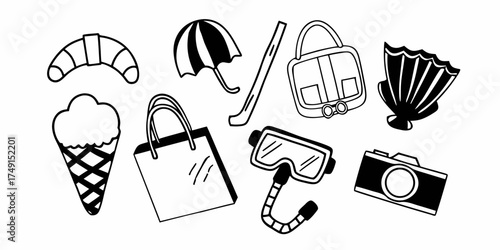 Outlined summer vacation items including croissant, umbrella, ice cream, bag, and diving equipment
