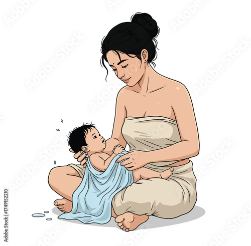 Tender Moment of a Loving South Asian Mother Gently Drying Her Baby with a Towel After a Bath