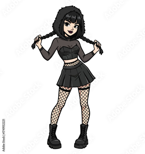 Cute Goth Girl Character with Pigtails in a Black Hoodie, Skirt, and Fishnet Stockings