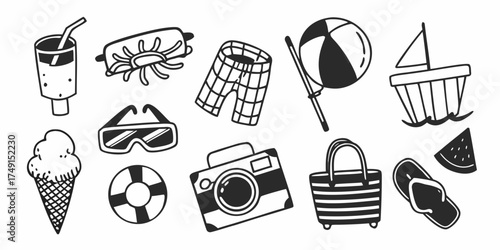 Doodle style summer vacation elements including drink sunglasses ice cream and various beach accessories