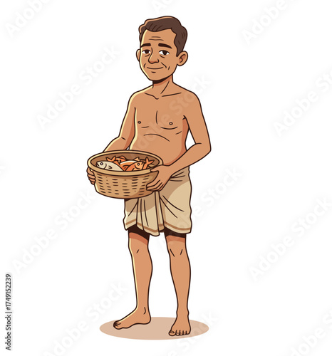 South Asian Villager or Fisherman in a Dhoti Holding a Wicker Basket of Fresh Food
