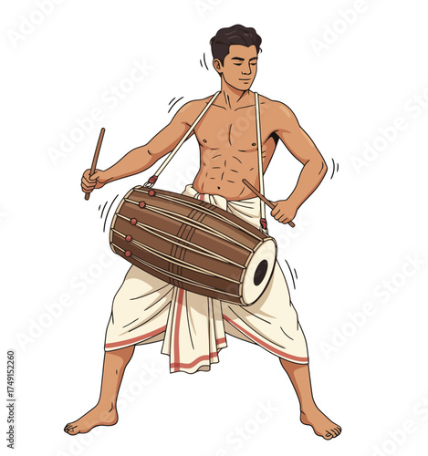 Energetic South Asian Musician in Traditional Dhoti Playing a Festive Dhol Drum