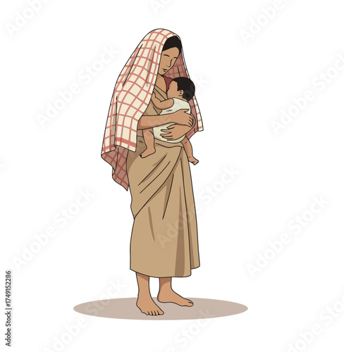 Poor South Asian Village Mother in Simple Clothes Holding Her Child with Love and Care
