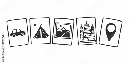 Five cards displaying travel icons including a car, tent, mountain scene, building, and location pin
