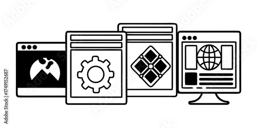 Illustration of multiple application windows displaying different icons and information displays