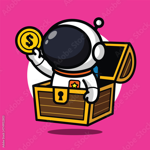 Cute Astronaut Holding Treasure Chest Illustration for Space Cartoon Character and Adventure Concept