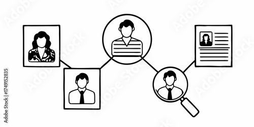 Illustration of a recruitment process with candidates connected to a central figure and resume
