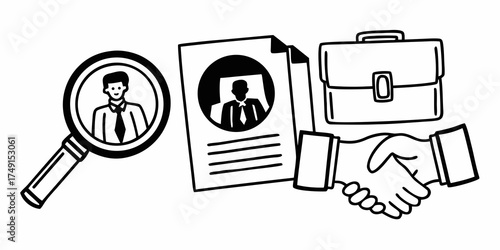 A black and white drawing showing a magnifying glass, resume, briefcase, and a handshake in the image