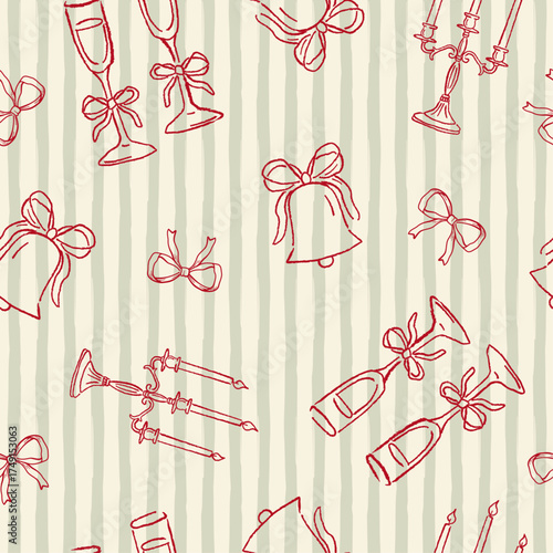 Vector hand drawn christmas seamless pattern, champagne glass and candlestick, christmas bell.
