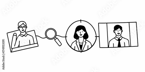 Illustration of job candidates being screened with a magnifying glass and target circle focus