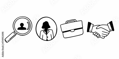 Illustration showing a magnifying glass, female avatar, briefcase, and a handshake in black outline