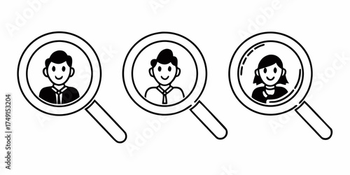 Three magnifying glasses each focusing on a different person in a recruitment concept design