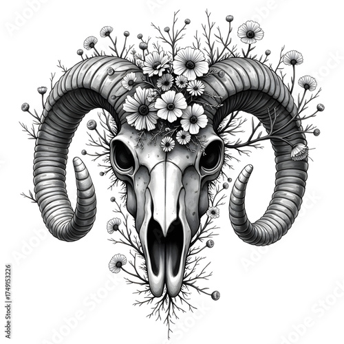 Floral Skull Illustration: A captivating grayscale illustration showcases a ram skull adorned with delicate flowers and intricate branches. This artwork embodies a blend of nature, and art.