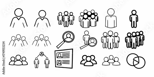 Collection of outline icons depicting people groups recruitment and organization in black and white style