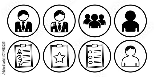 Collection of recruitment and job search icons featuring people and review documents in circular frames