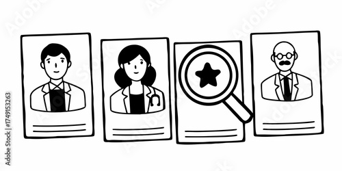 Selection of professional profiles with doctor and magnifying glass with a star icon design concept