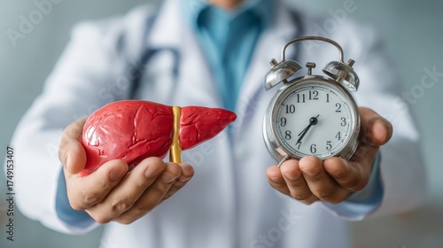 Doctor holding a liver model and alarm clock to illustrate liver cirrhosis symptoms and treatment timing.