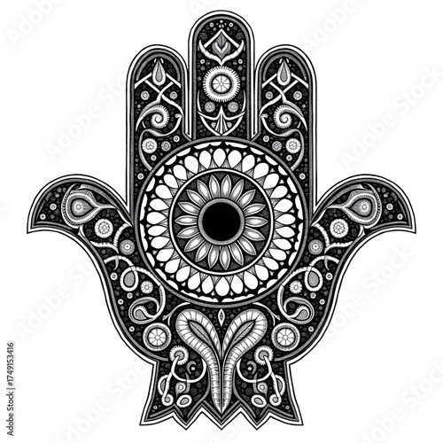 Hamsa Hand Art: An intricately designed Hamsa hand, a symbol of protection and good fortune, is meticulously detailed with ornate patterns and symmetrical motifs.