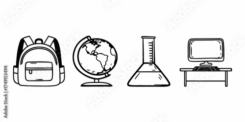 Illustration featuring a backpack, globe, beaker, and computer desk in a simple black and white style