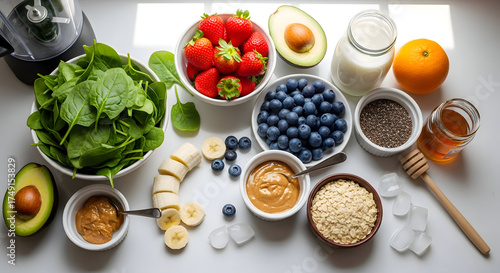 Healthy smoothie ingredients on a white countertop ready to be blended for a nutritious and delicious drink