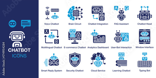 Chatbot icon set. Containing online, robot, bot, assistant, chatbot and more. Solid vector icons collection. Vector illustration.