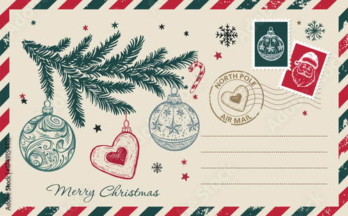 Christmas postcard, card with ball, hand drawn illustration.	
