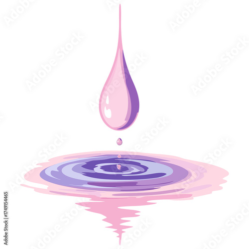 Delicate illustration of a pink and purple water droplet creating ripples, symbolizing impact, freshness, purity, or gentle influence. Ideal for beauty blogs, environmental themes, or serene content.
