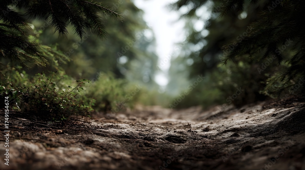 Fototapeta premium A dirt path winds through a serene forest inviting explo n into the natural wilderness under soft overhead light