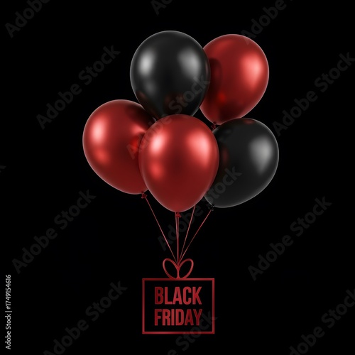 Festive black friday balloons with black and red colors floating above a red box on a black background for a vibrant shopping promotion.