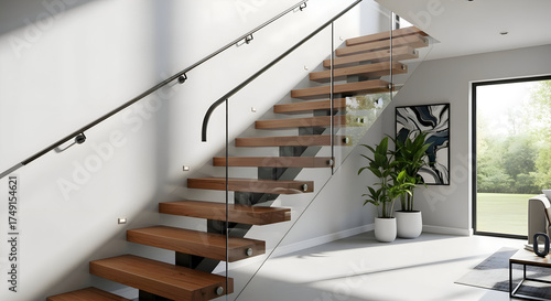 Modern staircase with wooden steps, glass railing, and black handrail in a bright and spacious home