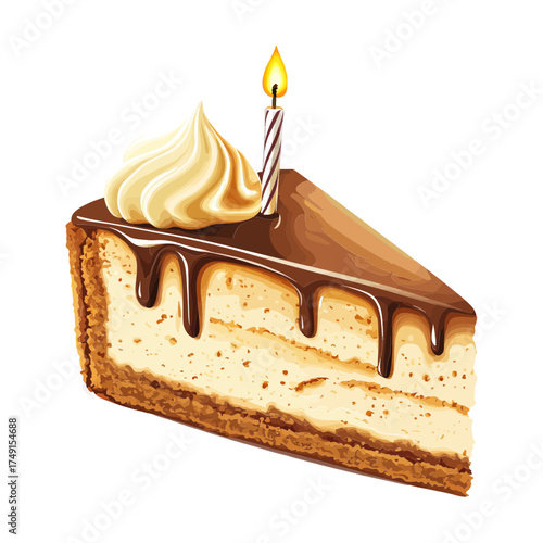 Photorealistic digital illustration of a cheesecake slice with chocolate, whipped cream, and a lit birthday candle. Perfect for websites/blogs on desserts, recipes, or celebrations.

