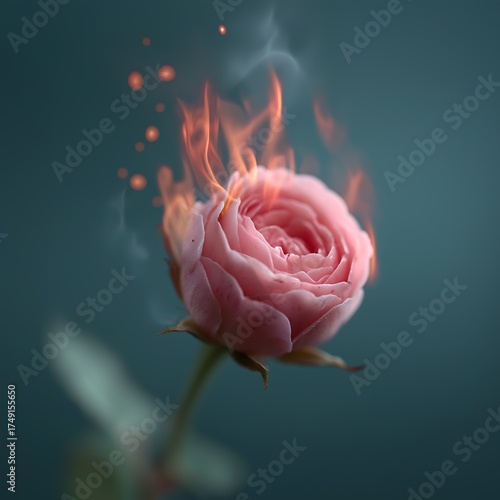 Surreal pink rose engulfed in soft flames dramatic floral closeup.