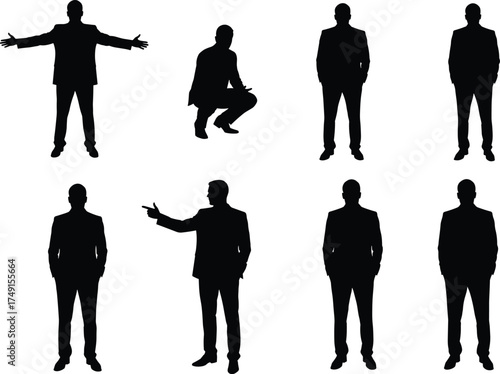Silhouette vector of human body poses, standing gestures, casual stances, expressive movements, black figure illustration for design, animation, communication studies