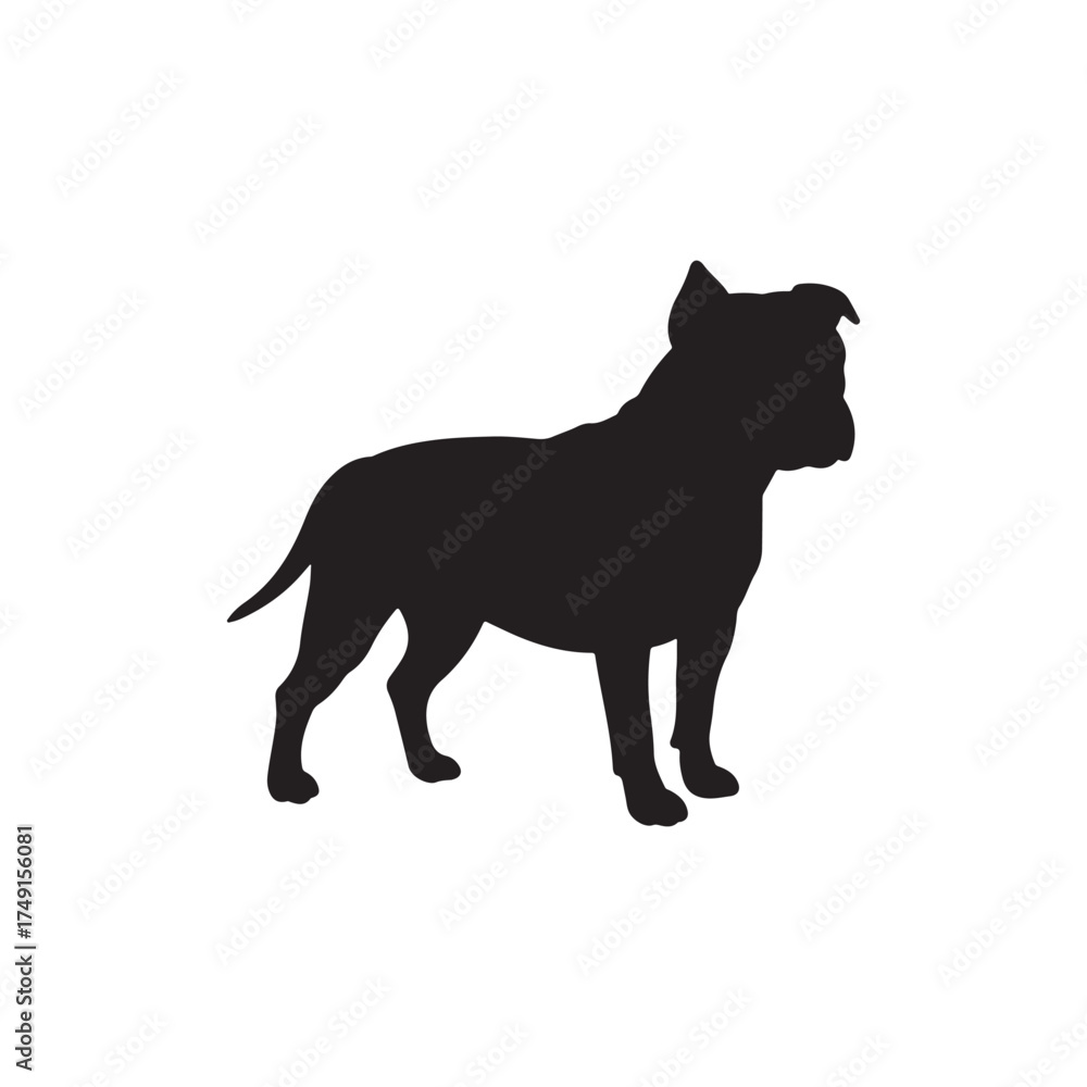 Obraz premium Cute standing dog pit bull silhouette vector flat illustration design. Black pitbull silhouette on white background