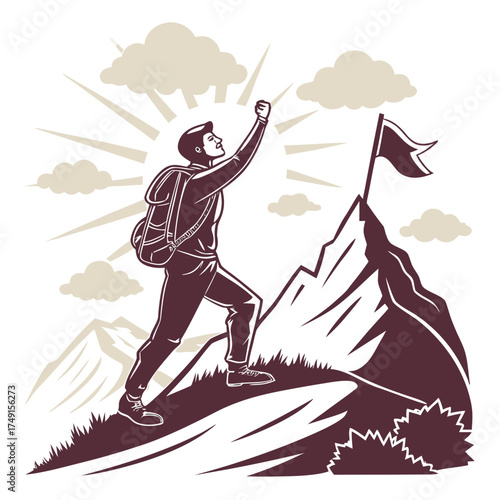 Mountain climber reaching peak silhouette vector
