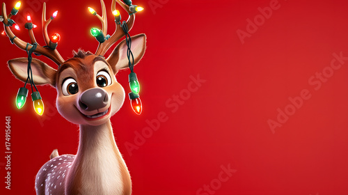 A cartoon reindeer with a garland of multicolored lights on its antlers stands against a plain red background in a studio